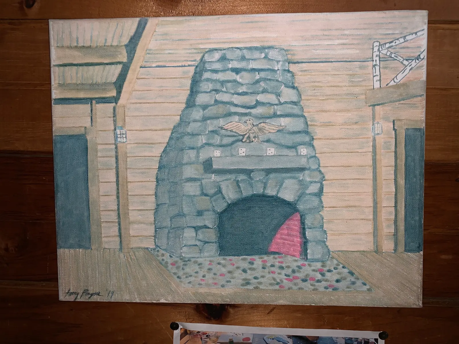 A vintage painting of the main lodge fireplace
