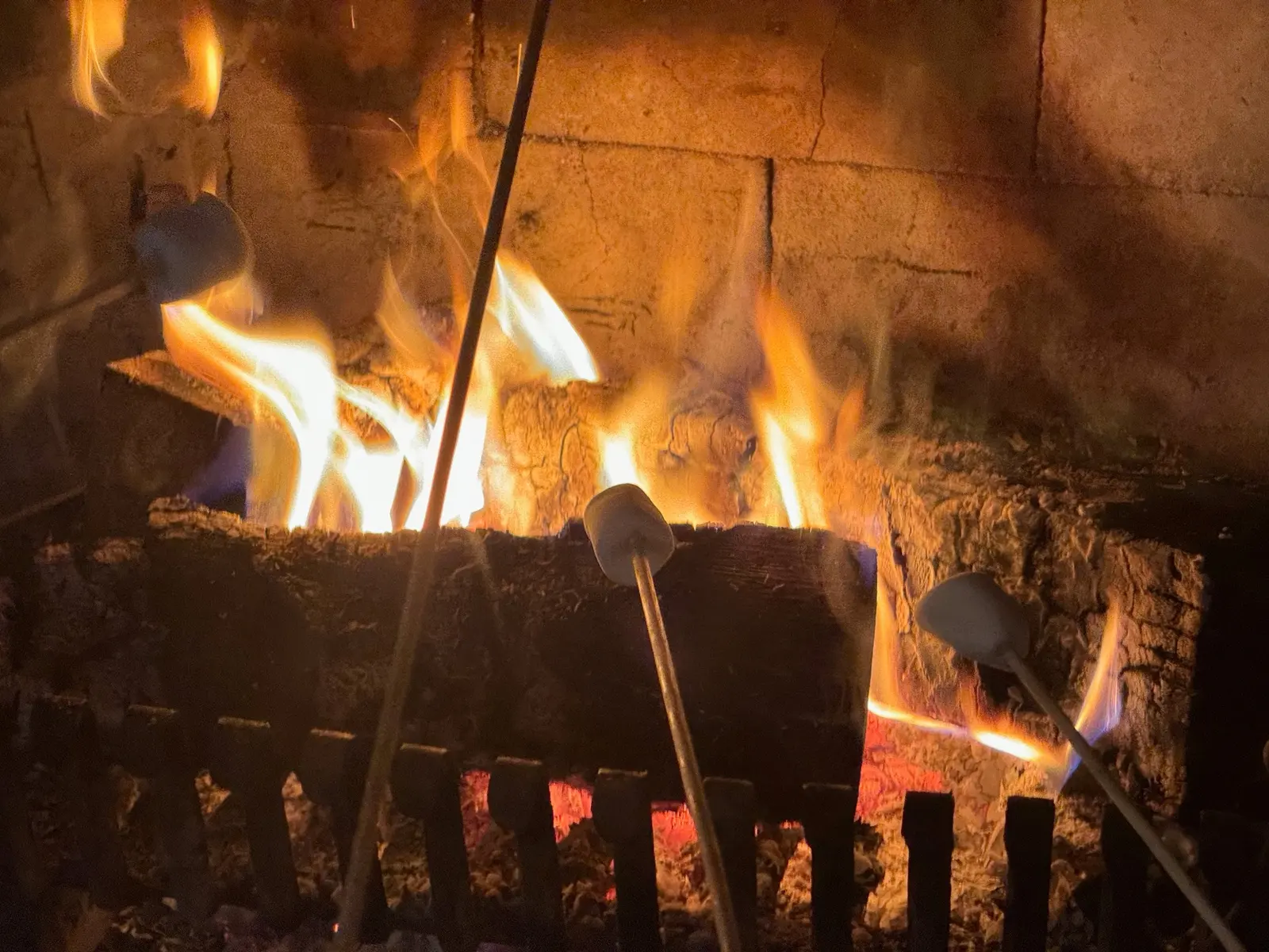 Marshmallows roasting over a bright fire