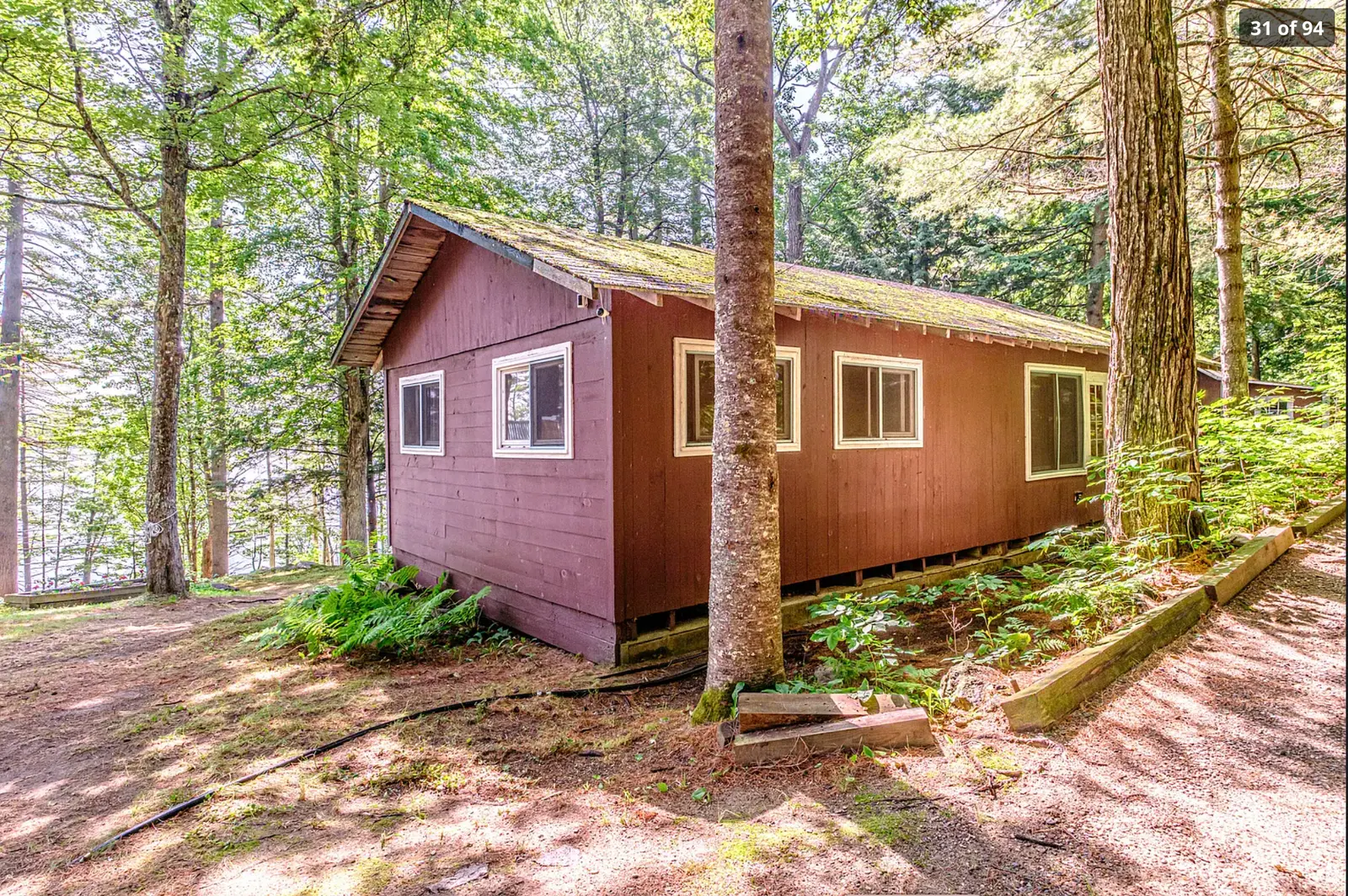 A private red cabin tucked among the trees