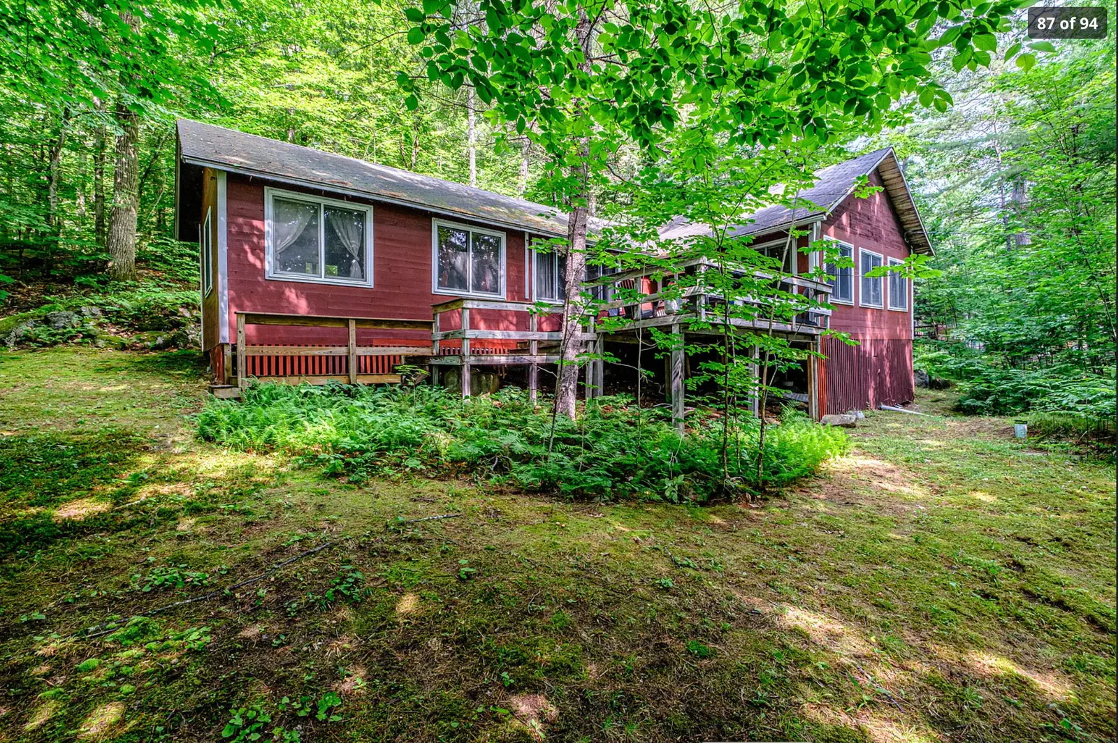 A woodland cabin with deck and red siding